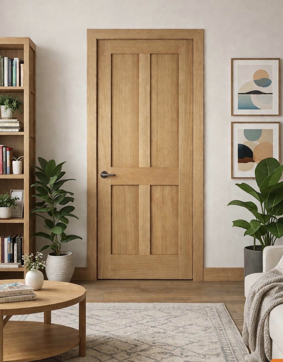 Traditional oak panelled internal door in a living room